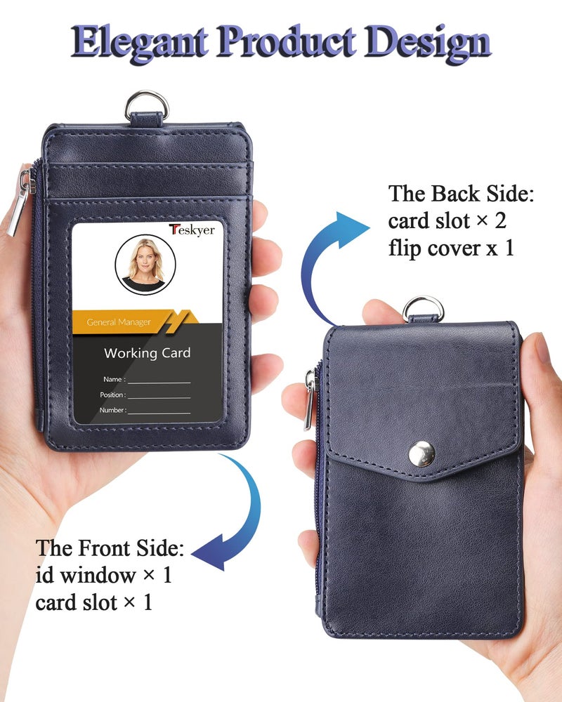 Teskyer Badge Holder with Side Zip Pocket, Multiple Card Slots Leather ID Holder Wallet with Neck Lanyard for Office Staffs, Teachers/Students, Couriers, Workers, Blue - Image 4